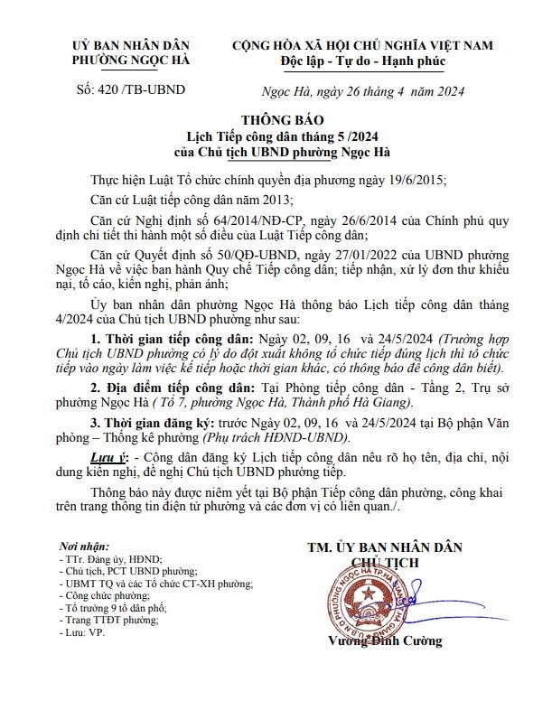 Lịch Tiếp công dân tháng 5 /2024 của Chủ tịch UBND phường Ngọc Hà